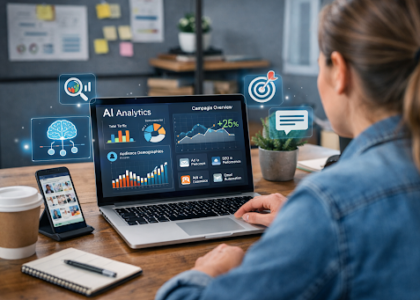 Small business owner using AI marketing software to analyze digital marketing performance