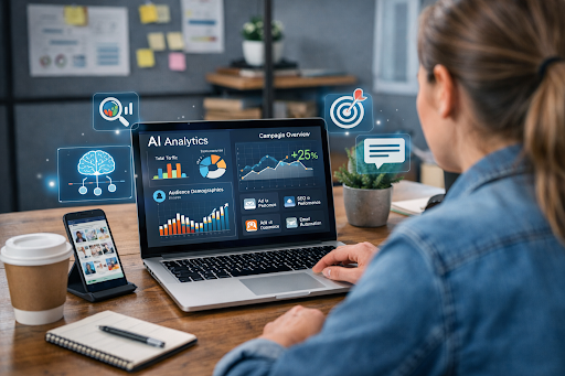 Small business owner using AI marketing software to analyze digital marketing performance