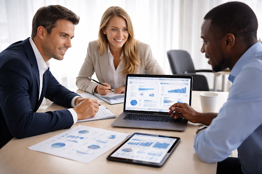 Business consultants analyzing workflow and performance data in a US office