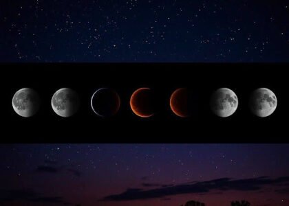Stages of a lunar eclipse with the moon turning red against a night sky.