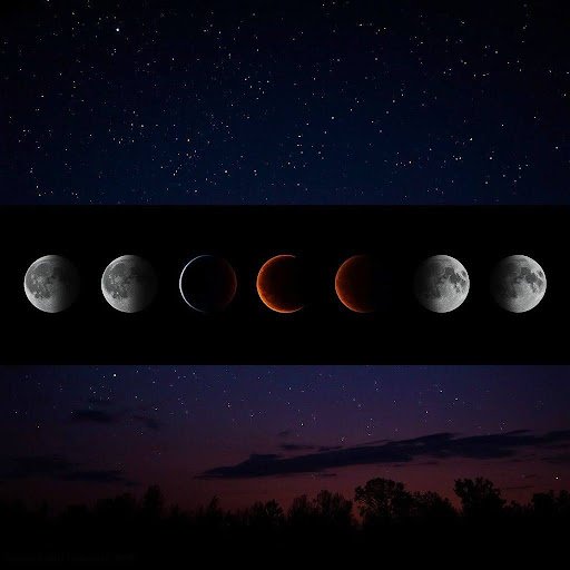 Stages of a lunar eclipse with the moon turning red against a night sky.