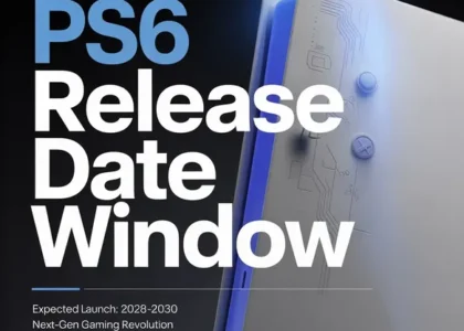PS6 release date window graphic showing expected launch between 2028 and 2030 with futuristic console design and blue lighting