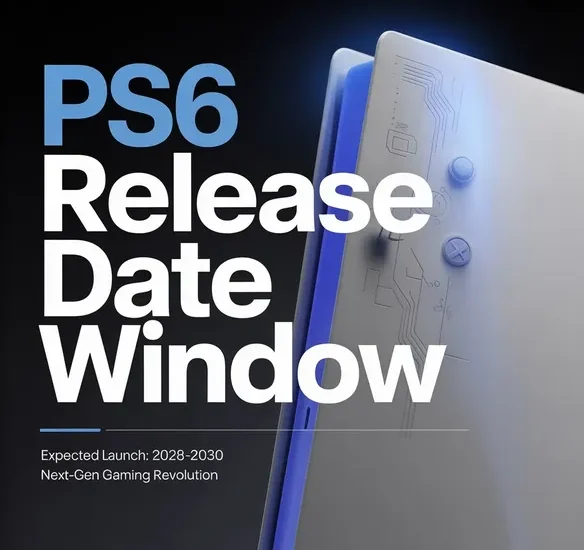PS6 release date window graphic showing expected launch between 2028 and 2030 with futuristic console design and blue lighting