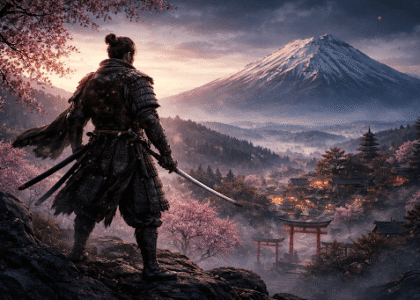 Samurai warrior standing on a rocky cliff overlooking a traditional Japanese village at sunset with Mount Yotei in the background, surrounded by cherry blossoms and a scenic mountainous landscape.