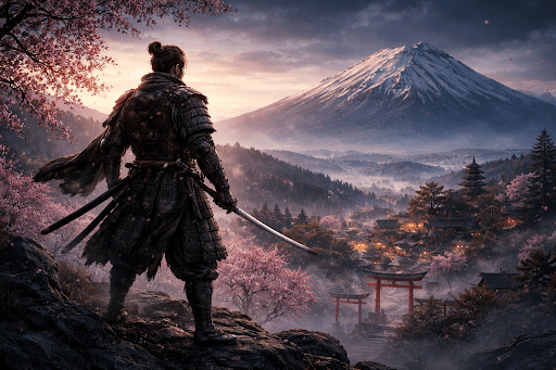 Samurai warrior standing on a rocky cliff overlooking a traditional Japanese village at sunset with Mount Yotei in the background, surrounded by cherry blossoms and a scenic mountainous landscape.