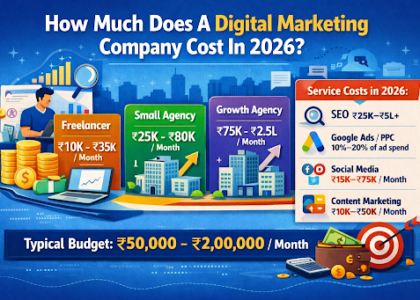 Digital marketing company cost in 2026 infographic showing pricing for freelancer, small agency, growth agency, and enterprise services