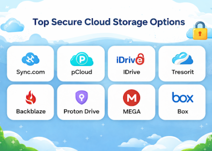 Top secure cloud storage options including Sync.com, pCloud, IDrive, Tresorit, Backblaze, Proton Drive, MEGA, and Box